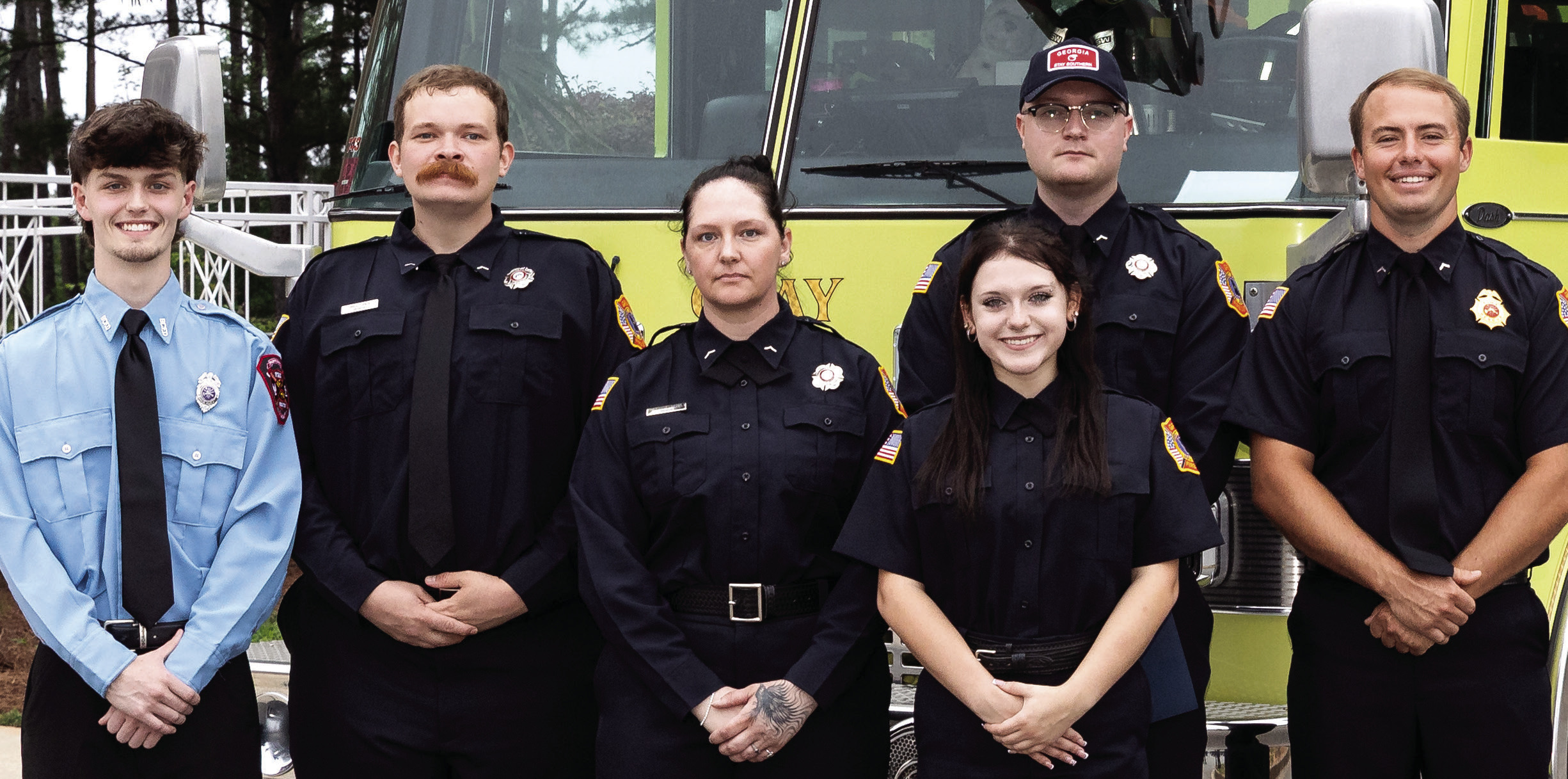 Firefighters Ethan Johnson (l-r), Jared Turner, Savannah Mathis, Klay Aspinwall and Jacob Penley with Cadet Gabby Massengale standing in front. CONTRIBUTED
