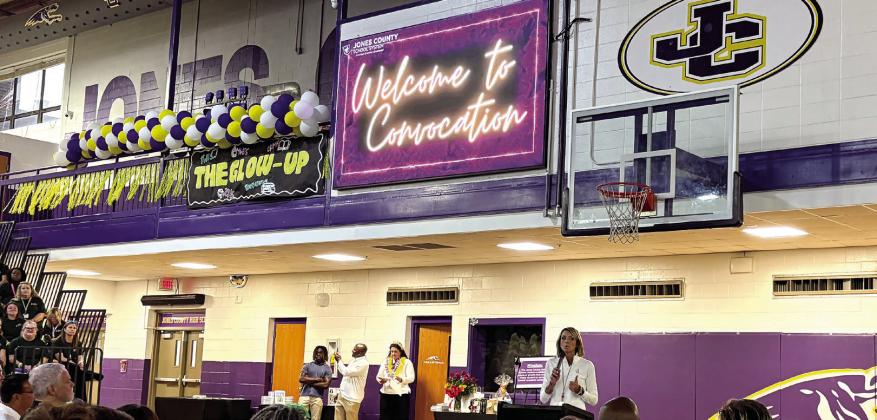 Jones County School Superintendent Dr. Jessica Graves speaks to school system employees at the July 29 Convocation, kicking off the new school year. CONTRIBUTED
