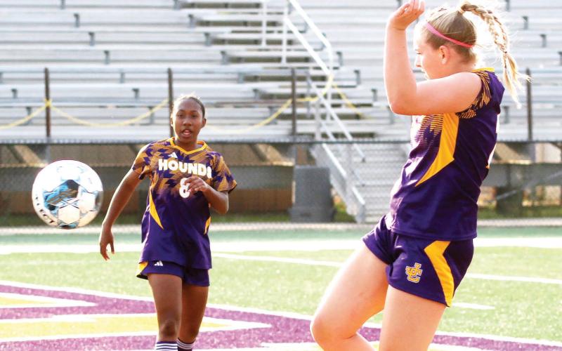 Caroline Barfield (foreground) follows through after blasting the ball to the net. BRAD HARRISON/Staff