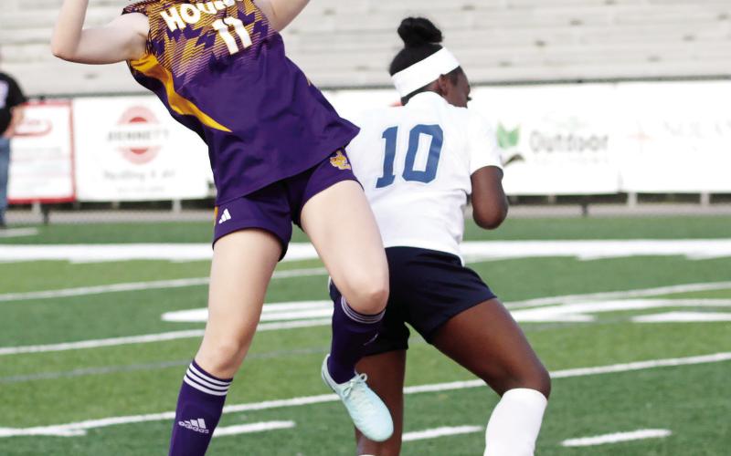Ava Gross heads the ball toward the net in last week’s shutout win against ELCA. BRAD HARRISON/Staff
