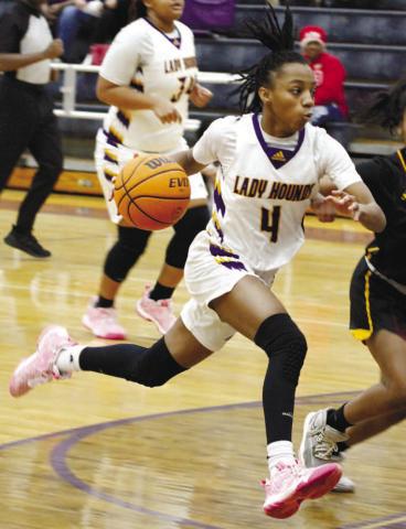 Amaris Ridgway dribbles past Perry’s defense on Tuesday. She scored in double figures in all three of the Lady Hounds’ tournament wins. BRAD HARRISON/Staff