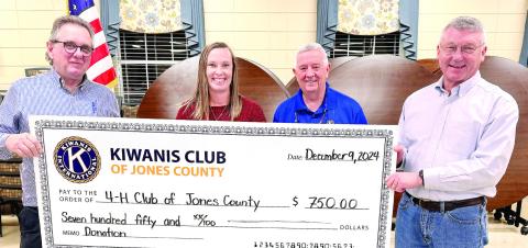 The Jones County Kiwanis Club made a donation of $750 to the Jones County 4-H Club. This donation represents one of the regular quarterly payments that the Kiwanis Club makes each year to children’s organizations in the county. Lindsey Jackson representing the Cooperative Extension program and 4-H Club accepted the gift from Kiwanians, Bill Goodman and Tom Jones, and Kiwanis President, Darrell Partee. Ms. Jackson presented an interesting update on the 4-H Club. CONTRIBUTED