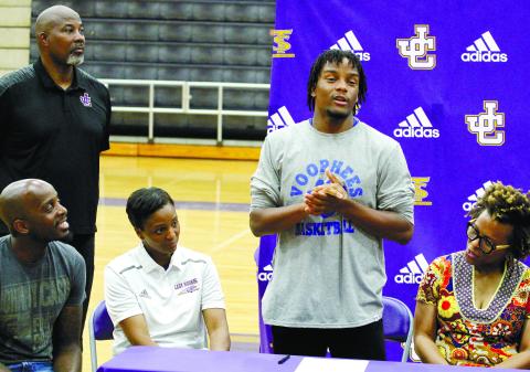 Daethan Harris addresses those gathered during last week’s scholarship signing. BRAD HARRISON/Staff