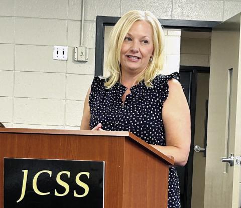 Jennifer Holland speaks to the Jones County Board of Education after being announced as the next principal to lead Gray Elementary School. FILE PHOTO