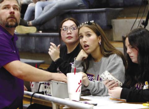 Avery Giles, McKalee Gilstrap and Maci Martin firm up final details prior to a recent dual match at JCHS. BRAD HARRISON/Staff