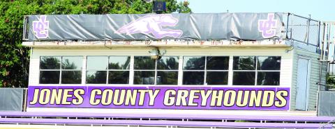 The Jones County High School Greyhounds press box located at the top of the bleachers on the football field needs improvements inside and out. BRAD HARRISON/Staff