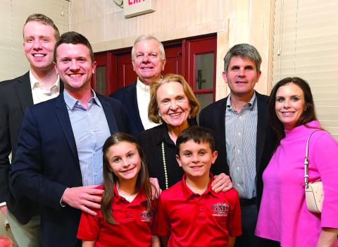 The Newberry family surrounds James Newberry (second from left) at the Feb. 13 meeting and annual banquet of Jones County History and Heritage after he was named the Hamilton-Williams Preservationist of the Year for 2024. DEBBIE LURIE-SMITH/Staff