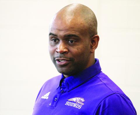JCHS alumnus and new Lady Greyhounds head basketball coach Takeo Gray addressed his team last Wednesday morning at JCHS. BRAD HARRISON/Staff