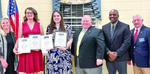 JCHS STAR Teacher Sarah Weese (second from left) and STAR Student Carsen Cruey (third from left) are recognized Feb. 3 by the Jones County Kiwanis Club. Cruey was named STAR student after achieving the highest SAT score for a JCHS senior. DEBBIE LURIE-SMITH/Staff