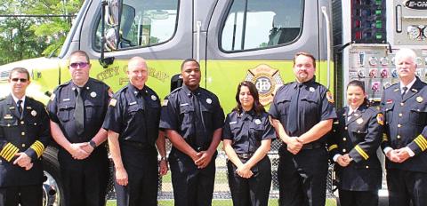 Pictured are (l-r): Chief Eisele, Sgt. Brandon Perry, Sgt. Mark Husted, Recruit Jordan Harris, Recruit Caroline Thompson, Recruit Sage Mueller, Capt. Johnson and Deputy Chief Zimmer. CONTRIBUTED