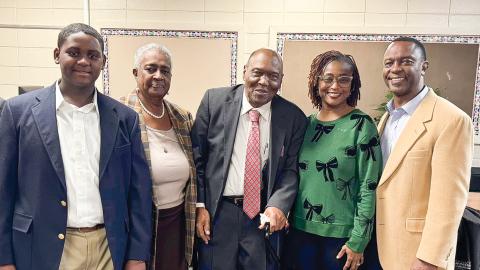 The Pitts family (l-r): Jackson, Vivian, Alfred, Keisha and Jonathan at the Dec. 3 BOE meeting that celebrated Alfred’s decades of service as an educator. 