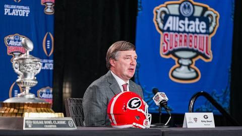 Georgia head coach Kirby Smart during the 2025 Allstate Sugar Bowl head coach press conference day at the Sheraton New Orleans Hotel in New Orleans. (Conor Dillon/UGAAA)