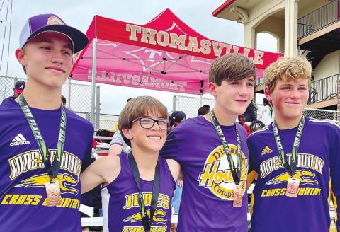 Tyler Marshall, Luke Thornton, Gavin Robinson, and Grady Newby teamed up on the 4x800 relay to win fifth in the state on Saturday. CONTRIBUTED