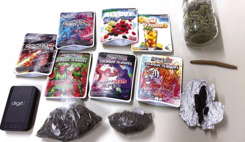 Seven pouches of prepackaged marijuana were among the illegal items seized in the drug arrests of three men following an April 24 stop for a traffic violation. CONTRIBUTED