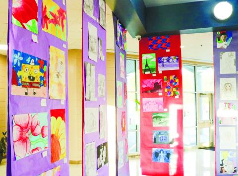 Some of the art from the visual arts display in the lobby at Clifton Ridge, showing off student’s pieces. NATHAN CLARKE/Contributed