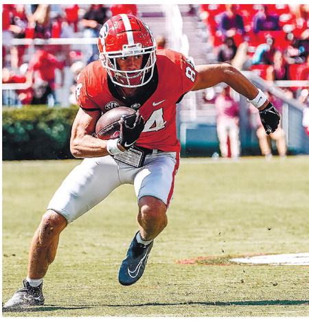Georgia wide receiver Ladd McConkey cuts up field before stepping out-of-bounds on a catch against Kent State. JACK OZMER/UGA Athletics