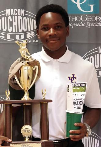 Jones County safety Andre Hall was recognized by the Macon Touchdown Club as its Special Teams Player of the Week for his role in Friday’s 42-3 win over Union Grove. In addition to multiple tackles, Hall also had a blocked punt in the first quarter. Hall was recognized during Monday night’s Macon Touchdown Club meeting. CONTRIBUTED