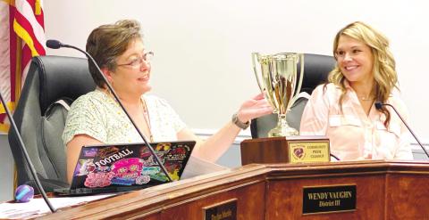 Jone County Commissioner Wendy Vaughn (left) displays the Community Pride Clean Up trophy May 17 won by Distirct 3 during last month’s county-wide clean up sponsored by Keep Jones Beautiful. DEBBIE LURIE-SMITH/Staff