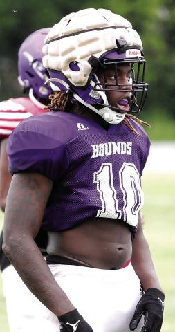 Greyhounds linebacker DJ Ingram looks on in between plays during spring practice. BRAD HARRISON/Staff