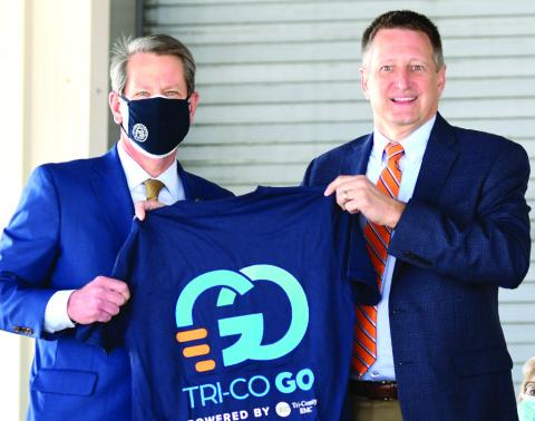 Mullis with Governor Kemp in COVID-19 days announcing Tri-GoCo CONTRIBUTED
