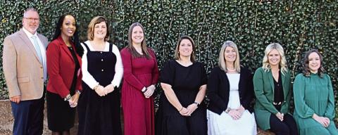 Jones County Teacher of the Year finalists Kevin Novello (l-r), Charm Mapp, Casey McCray, Kelly Roberson, Shannon Briscoe, Lisa Mullis, Danielle Wheeler and Heather Brewer. CONTRIBUTED