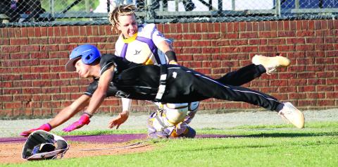 Greyhounds catcher MJ Lane applies the tag for the out at home after getting the throw from left field by Cohen Barfield. BRAD HARRISON/Staff