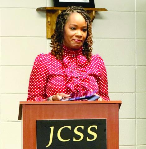 Georgia Teacher of the Year Charm Mapp speaks at the Aug. 10 Board of Education meeting. Contributed