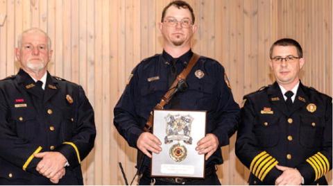 GFD Firefighter of the Year Ernest Faircloth (center) with Lt. Jon Harrison (left) and Chief Keith Eisele. CONTRIBUTED