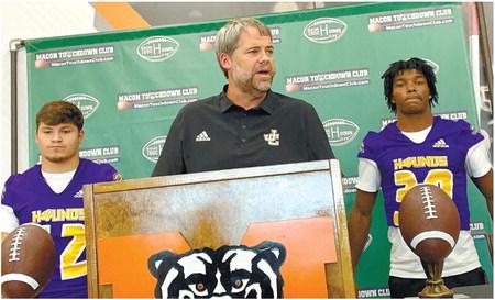 Jones County head coach Mike Chastain addresses the crowd at Monday’s luncheon to preview Saturday’s Macon Touchdown Club Kicko_ Classic. BRAD HARRISON/Staff