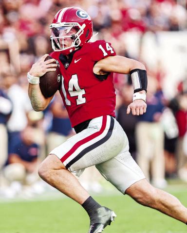 UGA quarterback Gunner Stockton went 26 of 31 passing for 289 yards and four touchdowns. He added 59 yards rushing on 10 attempts and another score. COURTESY OF UGA ATHLETICS