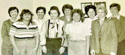 Former Bank of Gray employees pictured are: (back row, l-r): Cheryl Thomas, Bonnie Duke, Sandra Burgess Sumner, Frances Watts and Faye King; (front row): Lana Brewer, Ann Steed, Brenda Thomas and Hazel Roberts Braun. CONTRIBUTED