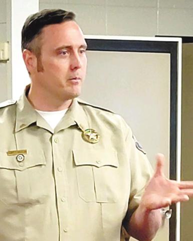 Capt. Travis Douglas of the Jones County Sheriff’s Office speaks at the July 19 Board of Education meeting about recent active shooter training and ongoing safety efforts. CONTRIBUTED