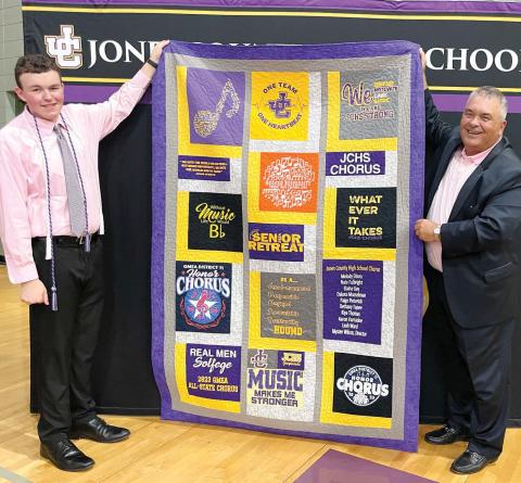 Dakota Musselman is the recipient of the 2024 One Team – One Heartbeat scholarship. He was presented the scholarship May 2 by Charles Gibson along with a quilt created for him by Carla Gibson to commemorate the award. The scholarship was founded by Charles and Carla Gibson and presented annually to a deserving Jones County senior. Charles Gibson was an educator for 37 years and retired as the Superintendent of the Jones County School System in 2021. CONTRIBUTED