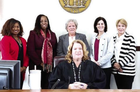 Ocmulgee Court Appointed Special Advocates (CASA) swore in five new volunteers on November 13, 2023. These volunteers will advocate for the best interests of children in foster care in the Ocmulgee Judicial Circuit. Pictured with Judge Kelli Rutherford are (L-R): Kamiikia Hill, Perdeda Dwight, Barbara Scott, Kristen Blascovich and Kathy King. CONTRIBUTED