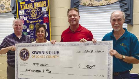 The Kiwanis club of Jones County recently donated $500 to Jay’s hope foundation. Accepting the gift were Cindi Gaskins, the founder and director of Jay’s Hope, and Jason Gaskins. The check was presented by Cecil Ethridge and President Owen Pruitt. The Kiwanis club frequently donates to this vitally important organization that has made a signi_cant contribution to and improvement in the lives of cancer patients and their families. CONTRIBUTED