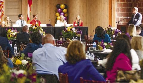 Five current and former Jones County High School students answer questions from College and Career Academy board chairman Kris Towers during the lieutenant governor’s annual summit, which was held in Gray at Butler Hall Sept. 29. The venue was packed to standing-room-only for the event. COURTESY OF GEORGIA SENATE PRESS OFFICE