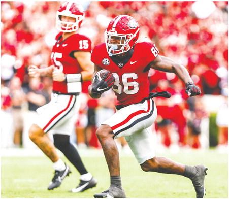 Dillon Bell (86) rushes around the edge for a touchdown run against the Cardinals this past Saturday. TONY WALSH/UGA Athletics