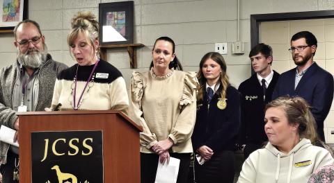 JCSS Maintenance Director Joe Evans (lEFT) and CTAE Director Lisa Collins (next left) present to board members. CONTRIBUTED