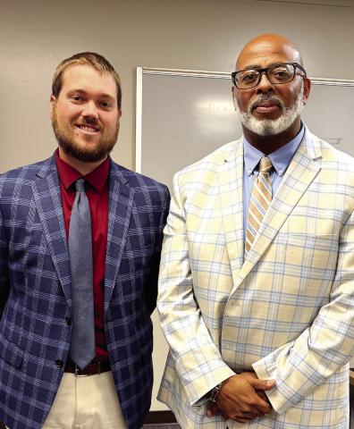 Interim School Superintendent Clinton Burston (r) with the new principal of Gray Station Middle School, Zachary Griffin. DEBBIE LURIE-SMITH/Staff