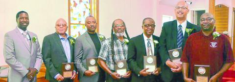 St. Paul A. M. E. Church in Clinton honored the Pillars of St. Paul and/or the Clinton community recently. The program’s theme was His Grace and Mercy. The Rev. LeQuint Caswell, delivered the address. Pictured are (l-r): Rev. Caswell, Eric Pitts, Glenn Towles, Llewellyn Daniel, Dr. Michael Iteogu, Keith Morgan Sr. and Melvin DeBerry. Pillars unable to attend were Rev. Marben Bland, Charles Gibson and Leon Towels. CONTRIBUTED