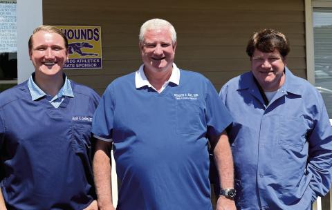 Doctors Jake Jenkins (l-r), Kenneth Kay and Scott Silliman in front of the dental office located at 250 W. Clinton Street. Jenkins and Silliman recently joined the office to assist Kay and expand services. DEBBIE LURIE-SMITH/Staff