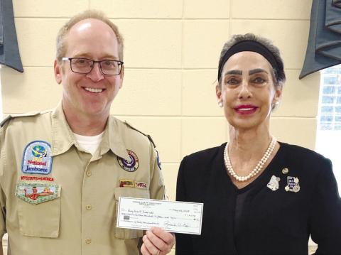 The Kiwanis Club presented a donation of $1,416 to Scout Troop 485 recently. Scoutmaster Max Wood received the donation from Kiwanis President Durrett Childs. Wood gave the club an update of Kiwanis activities and a report on the condition of the Eston Altman Scouting Center. Troop485hasbeeninexistencesince 1963 and has been sponsored by Kiwanis since its inception.
