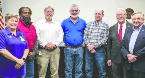 Jones County Commissioners Wendy Vaughn (l-r), Daylon Martin, Sam Kitchens, Chairman Chris Weidner and John Wood with State Reps. Ken Vance and Dale Washburn at the Jan. 3 meeting. CONTRIBUTED