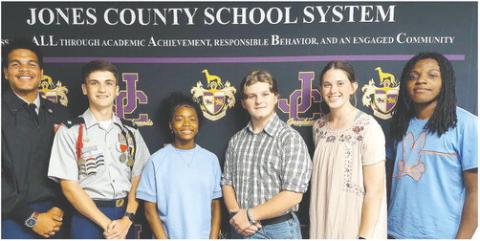 Jones County High School 2024 Class officers attending a Sept. 7, Board of Eduction work session are Isaiah Dennis (l-r), Rhett Perry, Aiyan Miller, Johnathon Van Patton, Jayda Round and Jayce White. BRANDY ROUND/Contributed