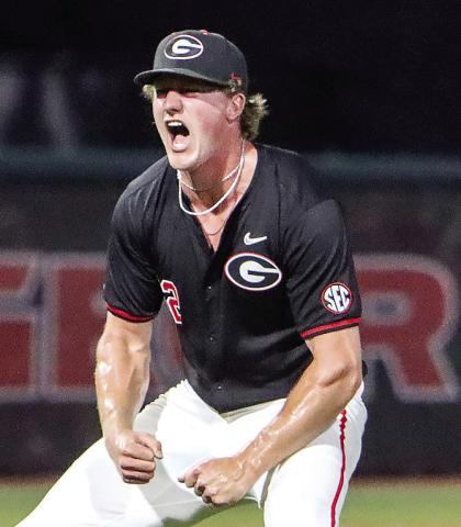 Georgia pitcher Leighton Finley celebrates after the final out is recorded against Georgia Tech on Sunday night. LANCE McCURLEY/Staff