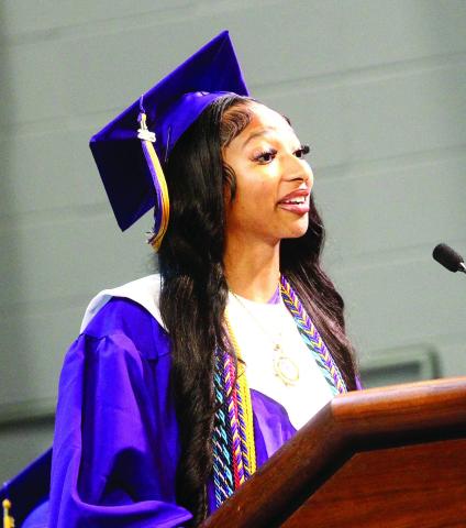 In the May 29 edition, the JCHS class president’s name was misspelled. Her name is Ciara Hamilton. She is pictured speaking to her classmates at the 2025 graduation ceremony. The News apologizes for the error. BRAD HARRISON/ Staff