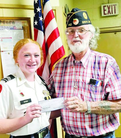 The American Legion Post 142 welcomed special guest Cadet Staff Sergeant Annie Wood, member of the U.S. Army JROTC to their April meeting. Wood is a High School Junior, attends GMC, is a member of the Junior American Legion Auxiliary and a member of the Fellowship of Christian Athletes. The American Legion Post 142 presented Annie with a $350 check for her outstanding leadership qualities and continuing selfless support to her community. CONTRIBUTED