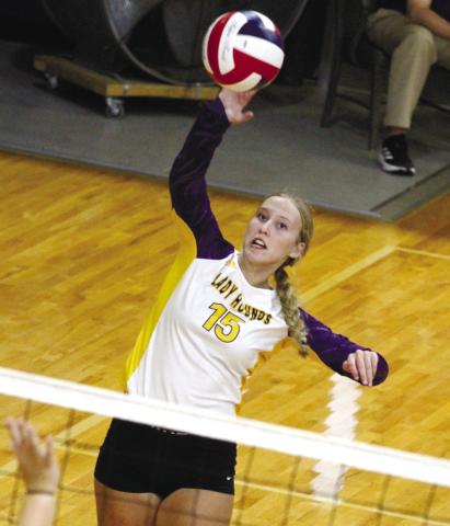 Kamryn Hardwick goes up to spike the ball against Mary Persons. BRAD HARRISON/Staff