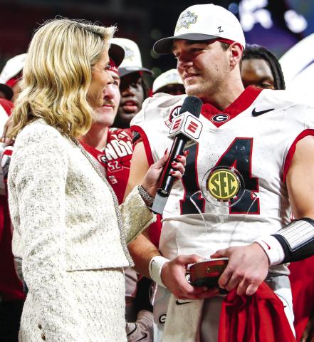SEC Championship MVP quarterback Gunner Stockton is interviewed after the win over the Crimson Tide. COURTESY OF UGA ATHLETICS