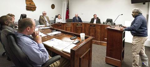 Tim Andrews, chairman of the Jones County Board of Tax Assessors, speaks to commissioners at the Jan. 7 hearing. DEBBIE LURIE-SMITH/Staff